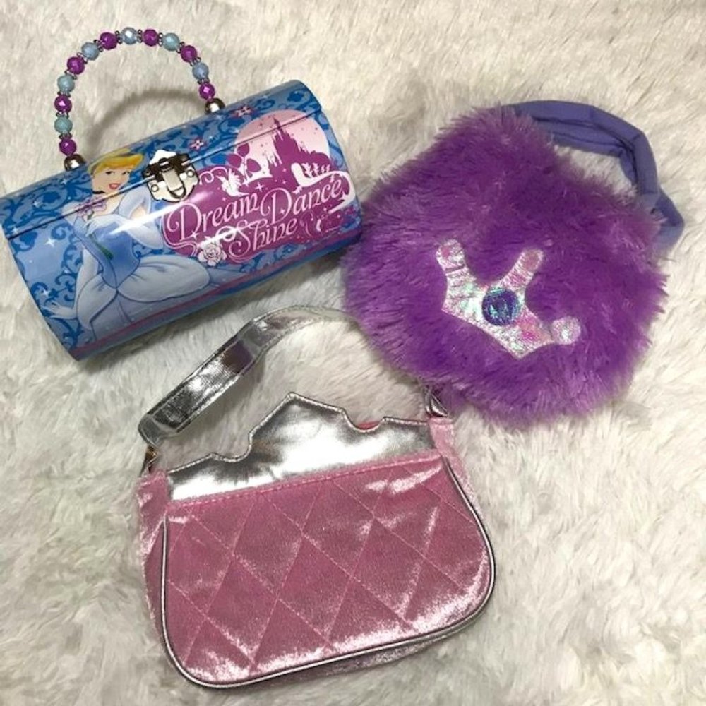 Disney Princess Cylinder Tin, Faux Fur & Quilted Crown Bags Set (3 Pcs)